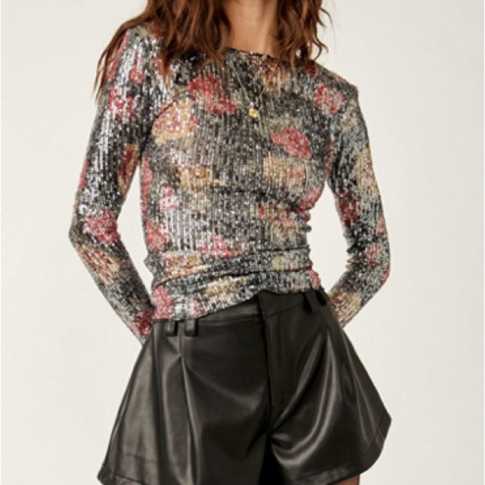 Intimately by Free People Printed Gold Rush Long Sleeve Top Sequin XS Floral